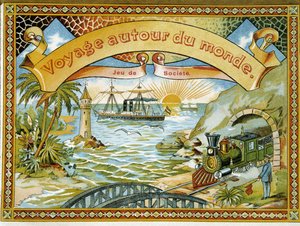 Train, phare et bateau, couverture du jeu « Voyage autour du monde », 19e siècle - Unknown artist