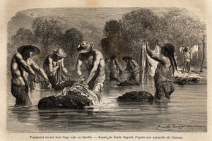 Voyageurs lavant leur linge sale dans la rivière, avec des peons boliviens, dans les environs de Maniri (Bas Pérou). Gravure pour illustrer le voyage dans les vallées de Quinquinas, par Paul Marcoy, en 1849-1861, publiée dans « Le tour du monde » 18