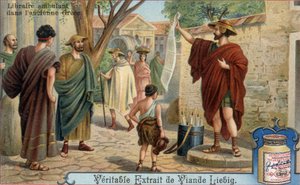 Libraire ambulant dans la Grèce antique. Chromolithographie, image Liebig