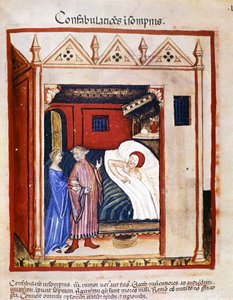 Traité de médecine "Tacuinum sanitatis" du 14ème siècle : les gens parlant pendant leur sommeil. 14ème siècle. B.N, Vienne.