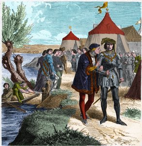 Traité de Conflans le 5/10/1465 entre le roi de France Louis XI et Charles de Charolais (plus tard Charles le Téméraire) mettant fin à la révolte des nobles ou Ligue du Bien public. Gravure dans « Histoire De France En Cent Tableaux » par Paul Lehugeur, 18 - Unknown artist