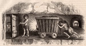 Deux enfants poussant un chariot dans une mine de charbon anglaise, un troisième, le Trapper, ouvre une porte