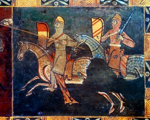 Deux chevaliers sur le côté du filet allant au combat (détail) - Unknown artist