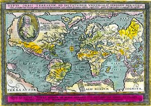 Carte géographique universelle (carte du monde) de 1596. Gravure.