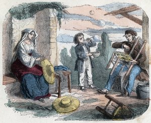 Utilisation de la paille au XIXe siècle : un homme garnit une chaise de paille, une femme tresse des chapeaux (vannerie), un enfant fait des bulles de savon avec une paille. Gravure de la fin du XIXe siècle - Unknown artist