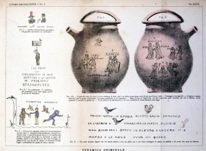 Diverses illustrations et inscriptions laissées par des criminels sur des vases en céramique : étude de Cesare Lombroso (1835-1909), criminologue italien dans « L