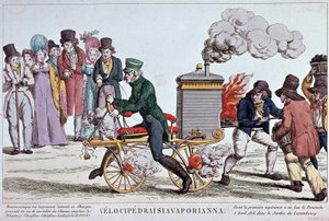 Velocipedraisiavaporianna : vélocipède à vapeur - gravure vers 1818, Bibl. de la ville de Paris.