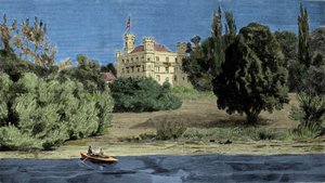 Vue du château de Berg et du lac de Stamberg où le corps de Louis II de Bavière a été retrouvé (Ludwig II von Bayern ou Ludwig Otto Frederik Wilhelm von Wittelsbach (1845-1886)).