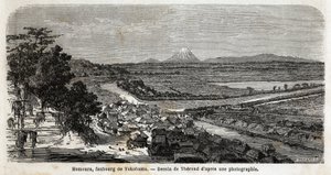 Vue de Homoura, banlieue de Yokohama, avec le mont Fuji en arrière-plan. Gravure pour illustrer le voyage au Japon en 1863-1864, par Aimé Humbert, ministre de la Confédération suisse, dans "Le tour du monde, nouveau journal des voyages", publié sous la dir