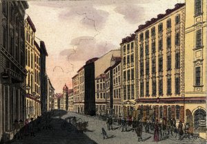 Vue de la rue Kohlmarkt à Vienne, Autriche. Gravure de 1820