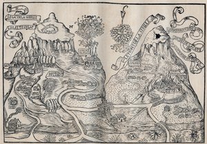 Vue du Mont Sibille (Paradis de la Reine Sybille) (Double carte du Mont Pilate et du Mont Sibylle) - Antoine de La Sale (La Salle) écrivain satirique français du 15ème siècle