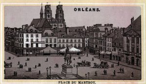 Vue de la Place du Martroy à Orléans, Département du Loiret et région Centre, France. Chromolithographie de la fin du 19e siècle.