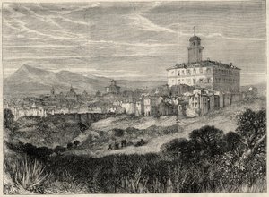 Vue de la ville de Monterotondo en Italie. Gravure dans "L