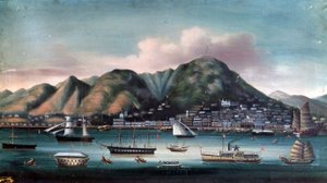 Vue du port de Hong Kong (voiliers et bateau à vapeur)