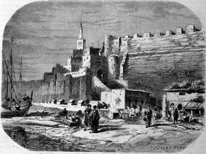 Vue du port de la ville fortifiée de Tanger et de la côte, Maroc. Gravure de 1860 - Unknown artist