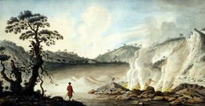 Vue de la solfatare, terrain volcanique émanant de fumées chaudes et de gaz sulfurés. Pozzuoli près de Naples. 19ème siècle.