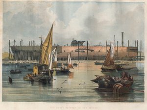 Vue du paquebot transatlantique Great Eastern (Leviathan) en construction au chantier naval de la Tamise à Londres. Gravure dans The Illustrated London News du 7 novembre 1857.