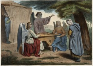 Visite des trois anges à Abraham : Abraham apprend que sa femme Sarah (profonde), déjà très âgée, lui donnera bientôt un fils. Gravure anonyme du milieu du 19ème siècle
