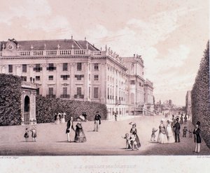 Promeneurs dans le parc du palais de Schönbrunn (Schoenbrunn) à Vienne. Autriche. Estampes du début du 19ème siècle Collection privée