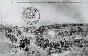 Guerre de 1870 : artillerie bavaroise prenant position depuis les hauteurs de la Marfe dans les Ardennes le 01/09/1870 - Unknown artist