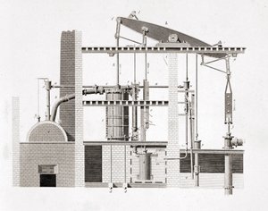 Machine à vapeur de Watt. Schéma. Gravure du 19ème siècle