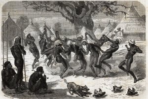 Danse de bienvenue par les femmes de la tribu, au retour de Baker et de sa femme du lac Albert (Albert Nyanza). Gravure pour illustrer le voyage au lac Albert, en 1861-1864, de Sir Samuel White Baker, dans Le tour du monde, nouveau journal des voyages