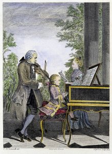 Wolfgang Amadeus Mozart enfant au piano entouré de son père Leopold au violon et de sa sœur Marianne au chant (gravure)