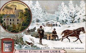 Transport de bois par traîneaux, Suède. Chromolithographie, image Liebig.