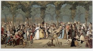Promenade mondiale à travers les jardins du Palais Royal, fin 18ème siècle - chromo d