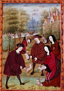 Jeunes gens jouant avec des lapins. Miniature tirée de "Histoire de Jean III de Brush et de sa femme Louise de Laval" (ms. 1475) Chantilly, Musée Condé