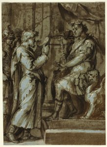 Magicien faisant une prédiction à un empereur (recto) ; Nu masculin portant une charge (verso)