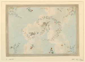 Dessin, motif de plafond avec colombes et guirlandes de fleurs, peut-être pour le hall d