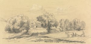 Une Ferme avec un Fermier et son Cheval et Charrue au Premier Plan - Unknown artist