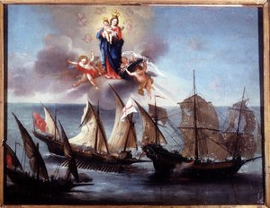 Un bateau de Gênes attaqué par une galiote et une demi-galère barbare. Ex-voto 1796. Museo navale di Genova-Pegli