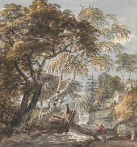 Un ruisseau boisé avec pêcheur