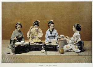 Une salle à manger au Japon : femmes mangeant du riz avec des baguettes et l