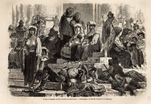 Un groupe de paysans et de bergers se rassemble pour la célébration de la Semaine Sainte sur les marches de Saint-Pierre au Vatican. Gravure pour illustrer l