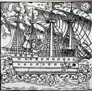 Un navigateur sur une caravelle portugaise utilisant un astrolabe