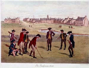 Une partie de golf avec des gentlemen britanniques à St. Andrews en Écosse en 1800, où le jeu a été créé. Lithographie du 19ème siècle Paris, arts décoratifs