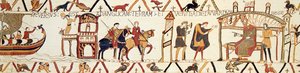 Une scène de la tapisserie de Bayeux représentant le roi Édouard parlant avec Harold
