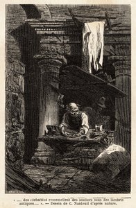 Un cordonnier, qui a installé son atelier et travaille dans des ruines antiques. Gravure pour illustrer le voyage à Rome, par Francis Wey, en 1864-1868, publié dans "Le tour du monde" en 1869, édité par Edouard Charton, édition Hachette, Paris. Collection  - Unknown artist