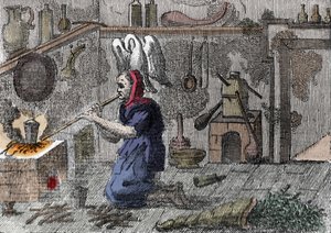 Une sorcière dans son laboratoire préparant une potion magique, à droite une corne remplie d