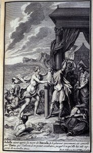 Achille, ayant appris la mort de Patrocle et le pleurant amèrement, est réconforté par Thétis, qui l