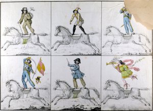 Acrobaties : exercices acrobatiques à cheval. Gravure - Unknown artist