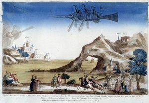 Poisson aérostatique élevé à Plazentia, Espagne, dirigé par Dom Joseph Patinho, volant vers la ville de Coria sur les rives de la rivière Arragon (12 lieues de Plazentia) le 10 mars - Unknown artist