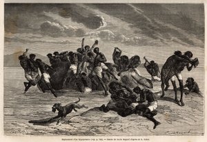 Après avoir pris sa part et la part attribuée au chef de la tribu Hamran, la foule se bat brutalement pour les morceaux restants. Gravure pour illustrer l