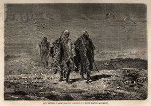 Bédouins arabes, marchands de peaux de panthère et de laine de mouton, en route vers le marché de Bagdad (Irak). Gravure pour illustrer le voyage en Babylonie, en 1866, par Guillaume Lejean, dans « Le tour du monde, nouveau journal des voyages » publié sou
