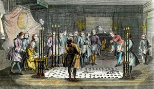 Assemblée de francs-maçons pour la réception des maîtres Gravure vers 1750 Collection privée
