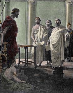 Général et homme politique athénien Alcibiade (450 av. J.-C.-404 av. J.-C.), disciple de Périclès et Socrate, rappelé en 407 par le régime démocratique à Athènes après son exil. Gravure du XIXe siècle