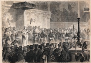 Audience donnée par le pape Pie IX (1792-1878) à des ecclésiastiques étrangers dans la chapelle Sixtine à Rome à l